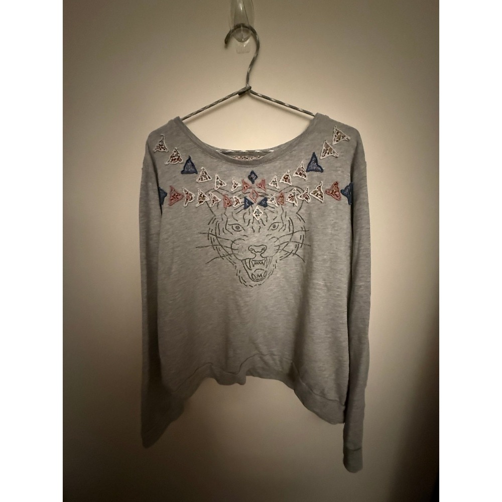Anthropologie Luna Mercantile Co Tiger Embroidered Sweatshirt AppliquéGray Large